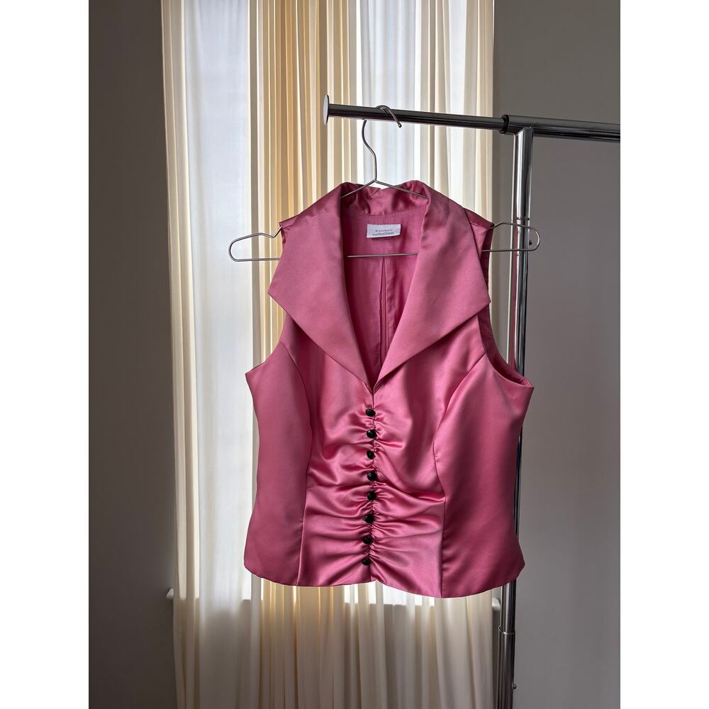 90s Vintage Dressbarn Top 10 Pink Satin Ruched Vest Button Office Siren Glam Y2K - Picture 11 of 15